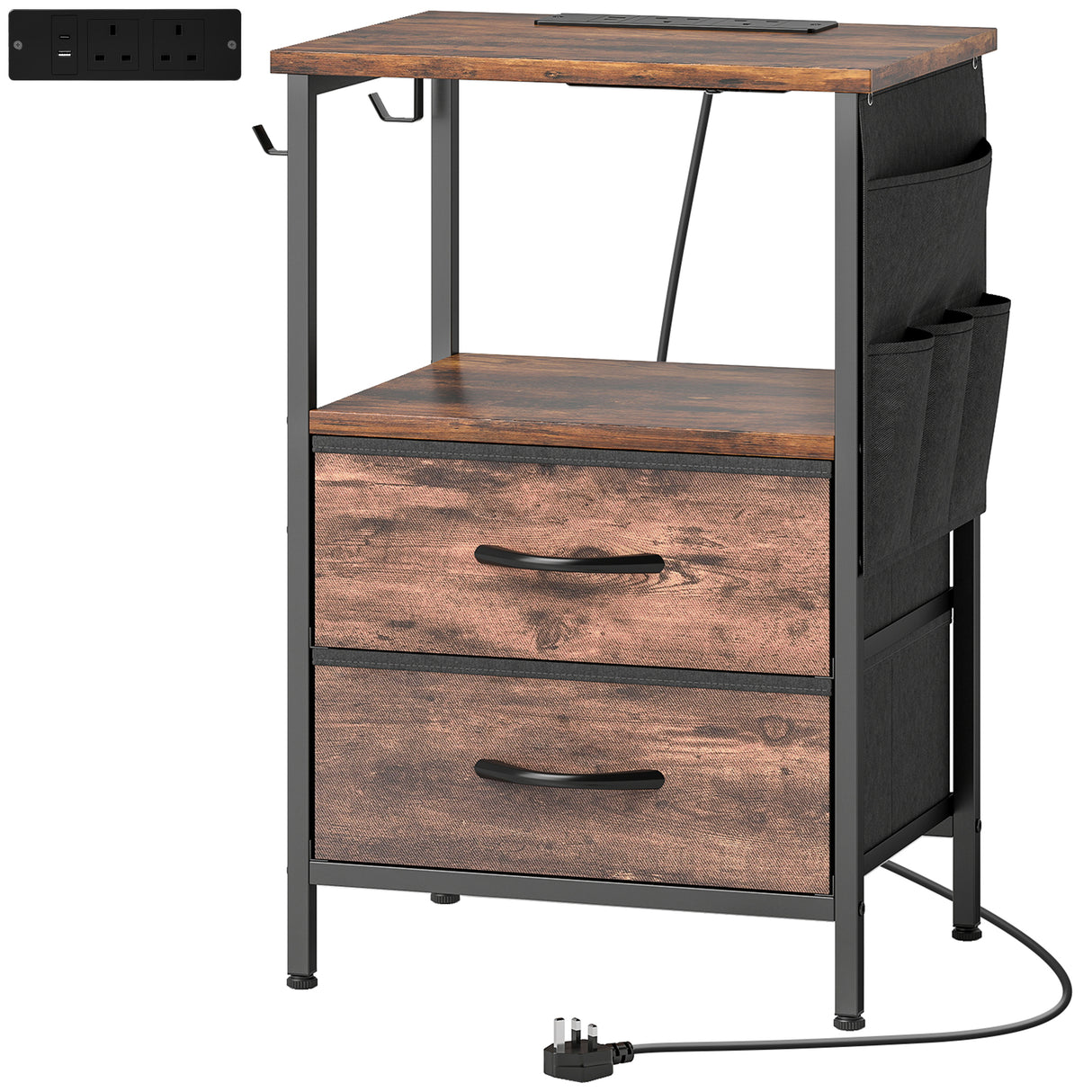 Wooden Bedside Cabinet 40cm Wide With 2 Drawers With Charging Station - Velmora