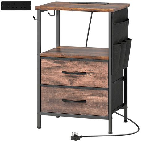 Wooden Bedside Cabinet 40cm Wide With 2 Drawers With Charging Station - Velmora