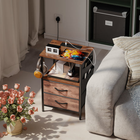 Wooden Bedside Cabinet 40cm Wide With 2 Drawers With Charging Station - Velmora