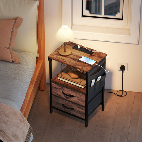 Wooden Bedside Cabinet 40cm Wide With 2 Drawers With Charging Station - Velmora