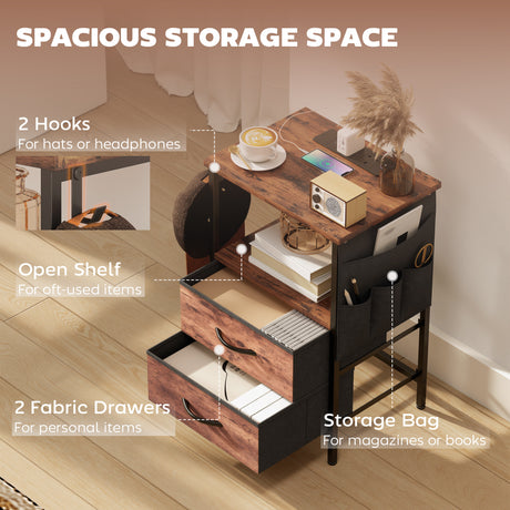 Wooden Bedside Cabinet 40cm Wide With 2 Drawers With Charging Station - Velmora