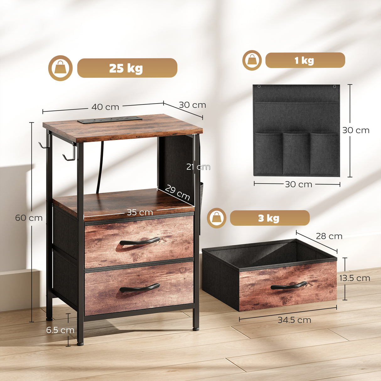 Wooden Bedside Cabinet 40cm Wide With 2 Drawers With Charging Station - Velmora