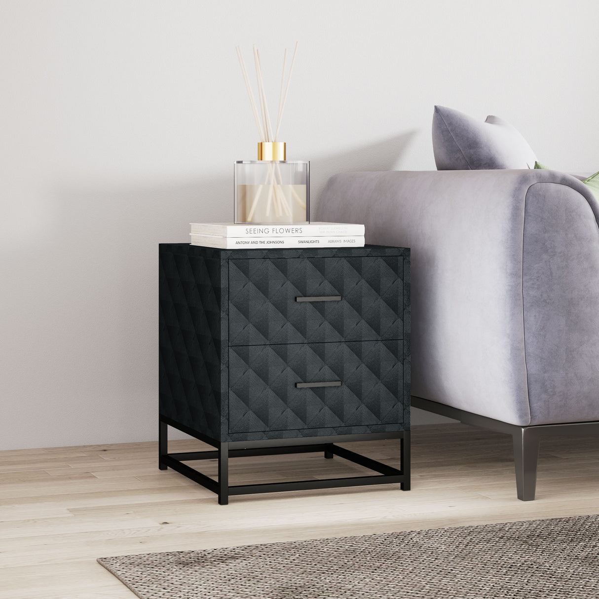 Wooden Bedside Cabinet 40cm Wide With 2 Drawers With Steel Frame - Velmora