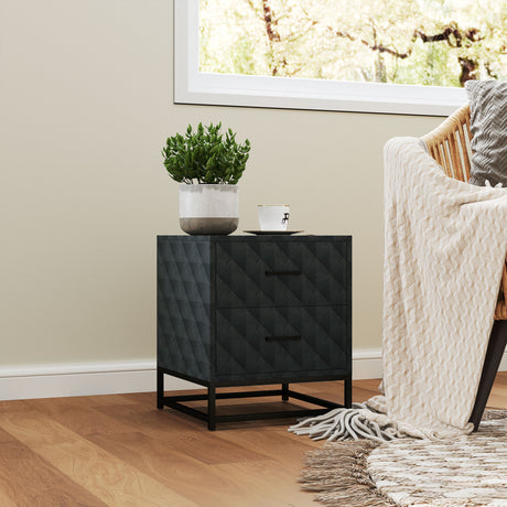 Wooden Bedside Cabinet 40cm Wide With 2 Drawers With Steel Frame - Velmora