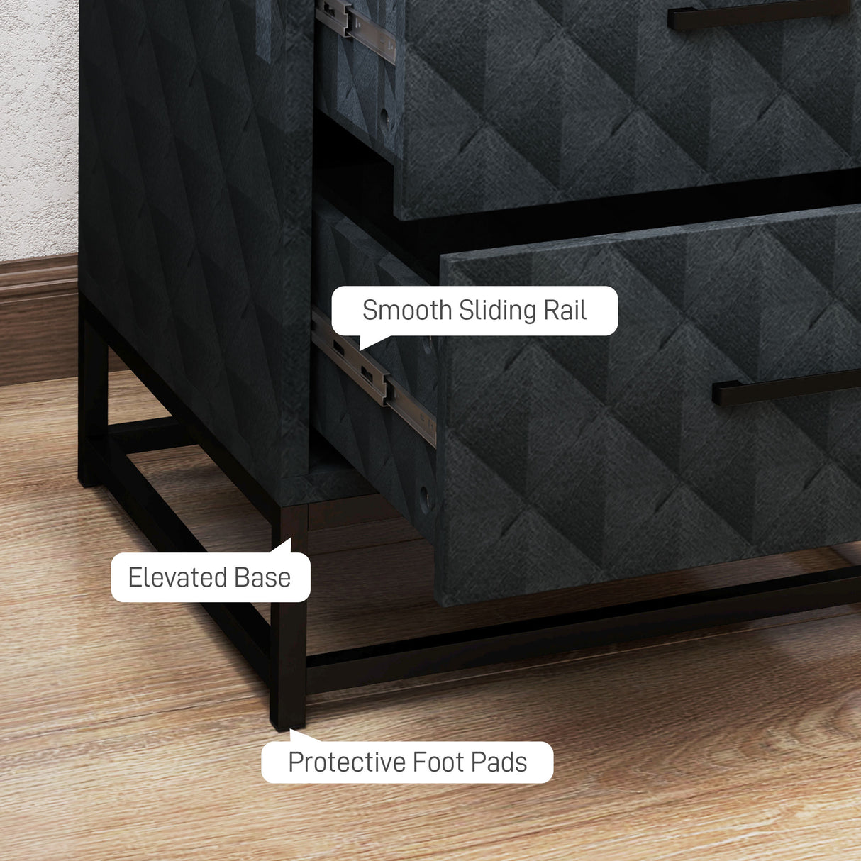Wooden Bedside Cabinet 40cm Wide With 2 Drawers With Steel Frame - Velmora