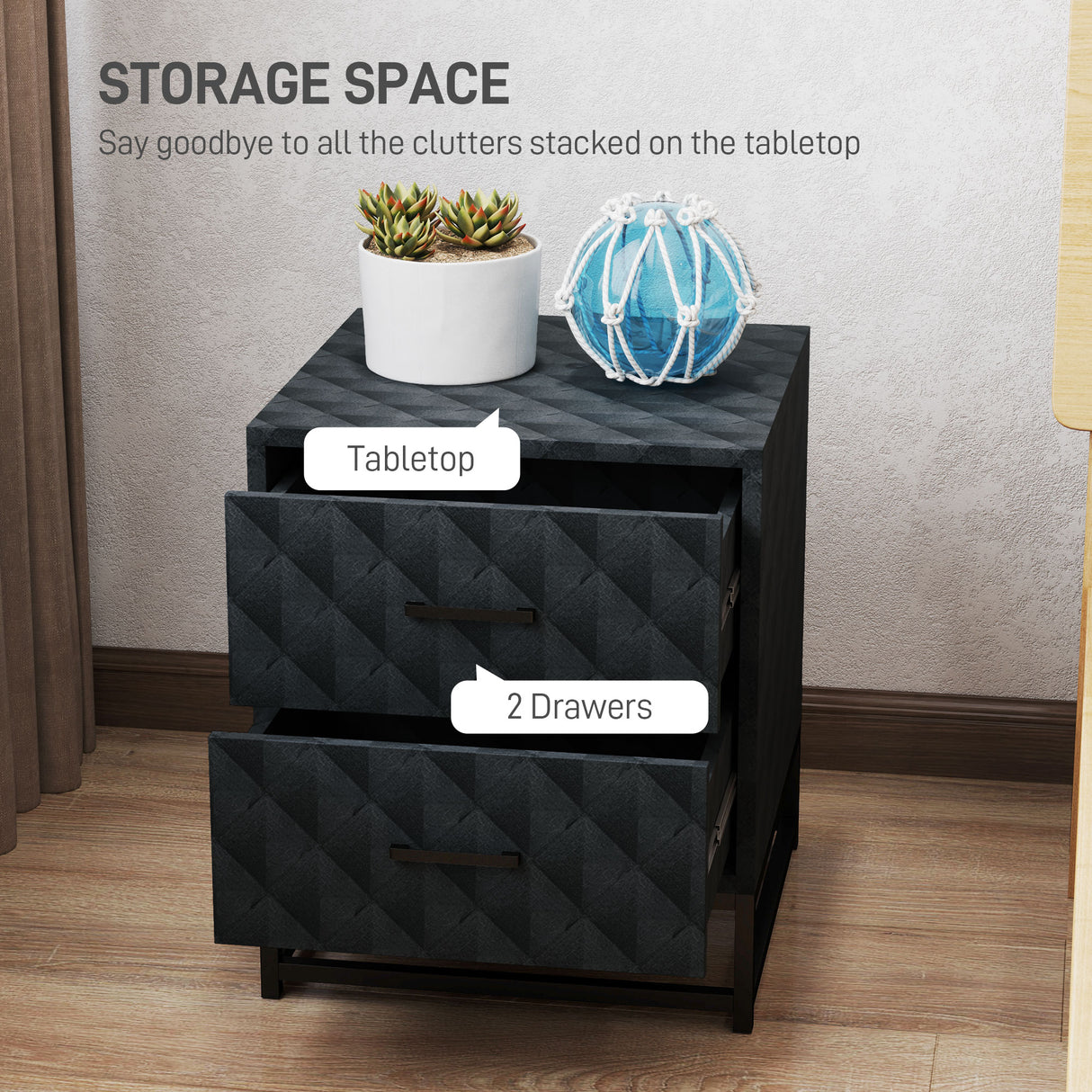 Wooden Bedside Cabinet 40cm Wide With 2 Drawers With Steel Frame - Velmora