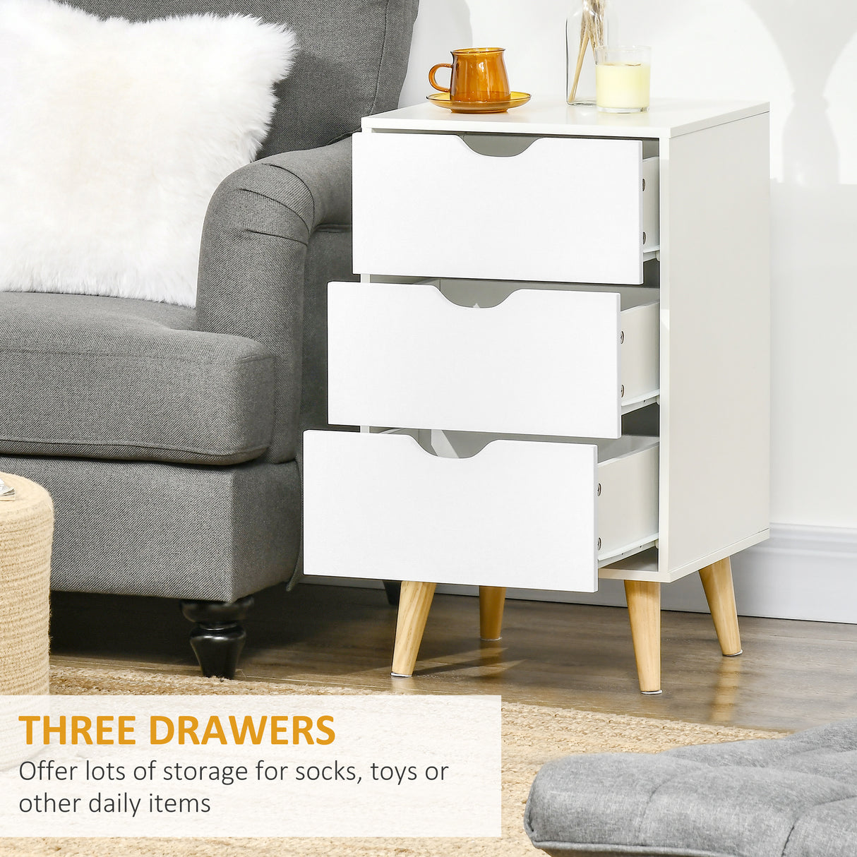 Wooden Bedside Cabinet 40cm Wide With 3 Drawers And Oak Legs - Velmora