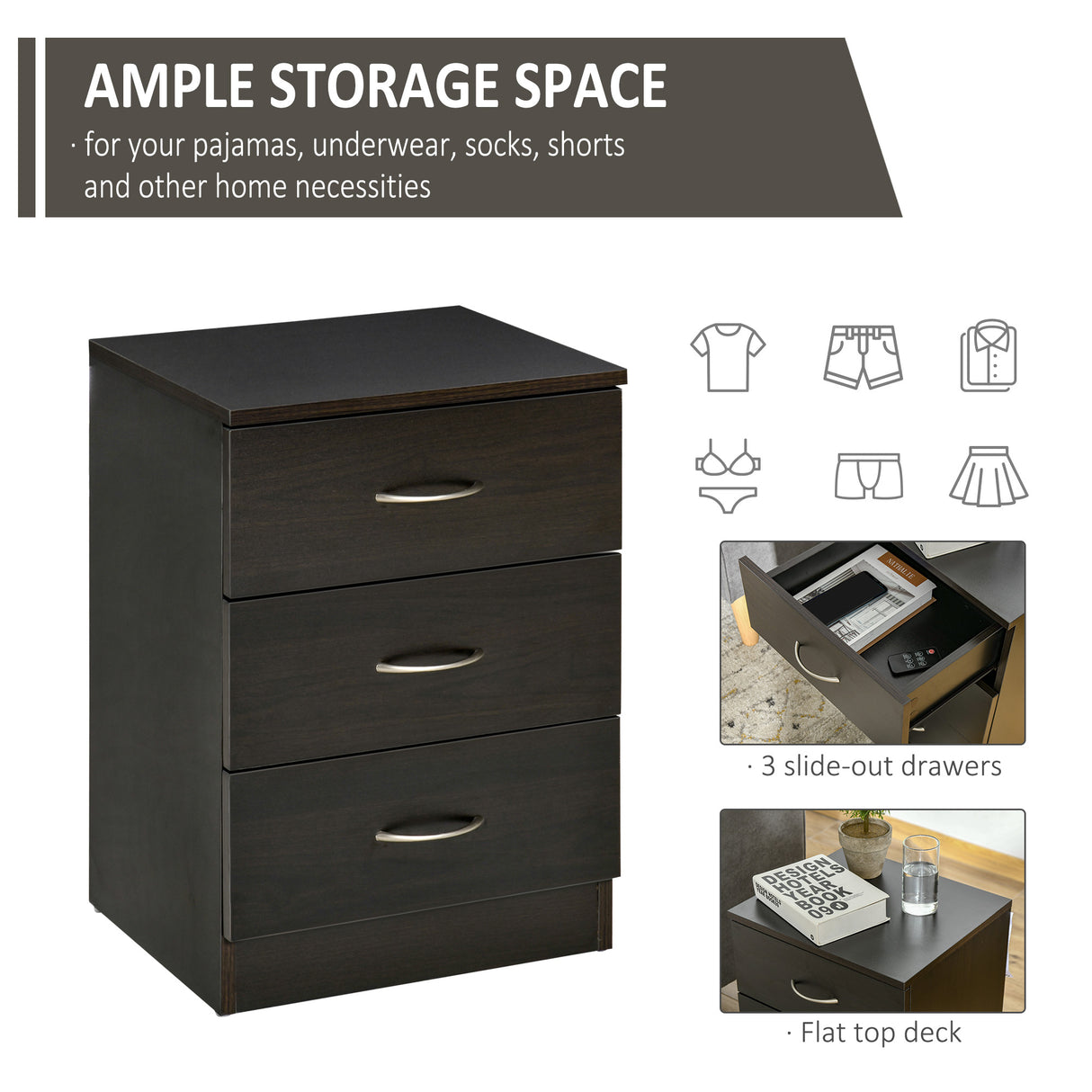 Wooden Bedside Cabinet 40cm Wide With 3 Drawers - Velmora