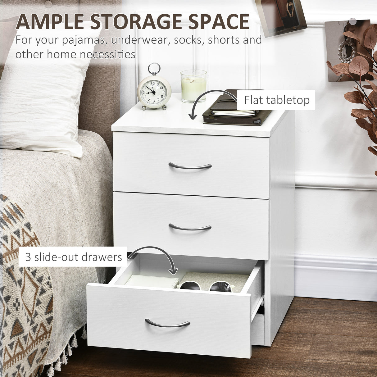 Wooden Bedside Cabinet 40cm Wide With 3 Drawers - Velmora