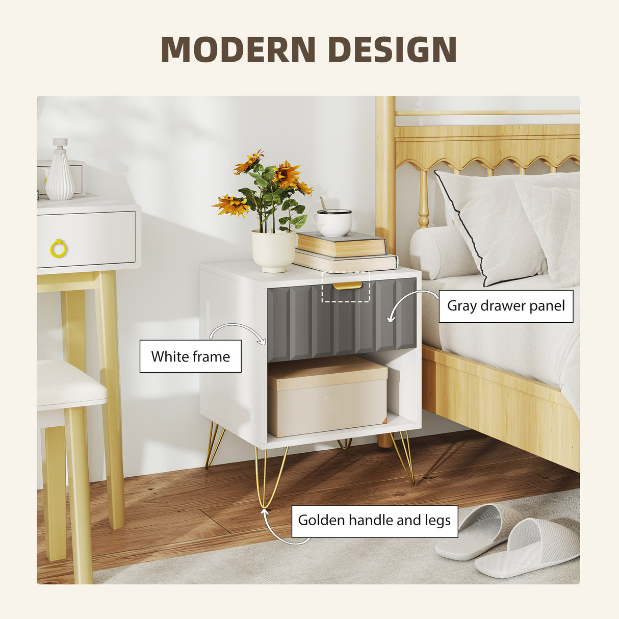 Wooden Bedside Cabinet 45cm Wide With 1 Drawer And Steel Legs - Velmora