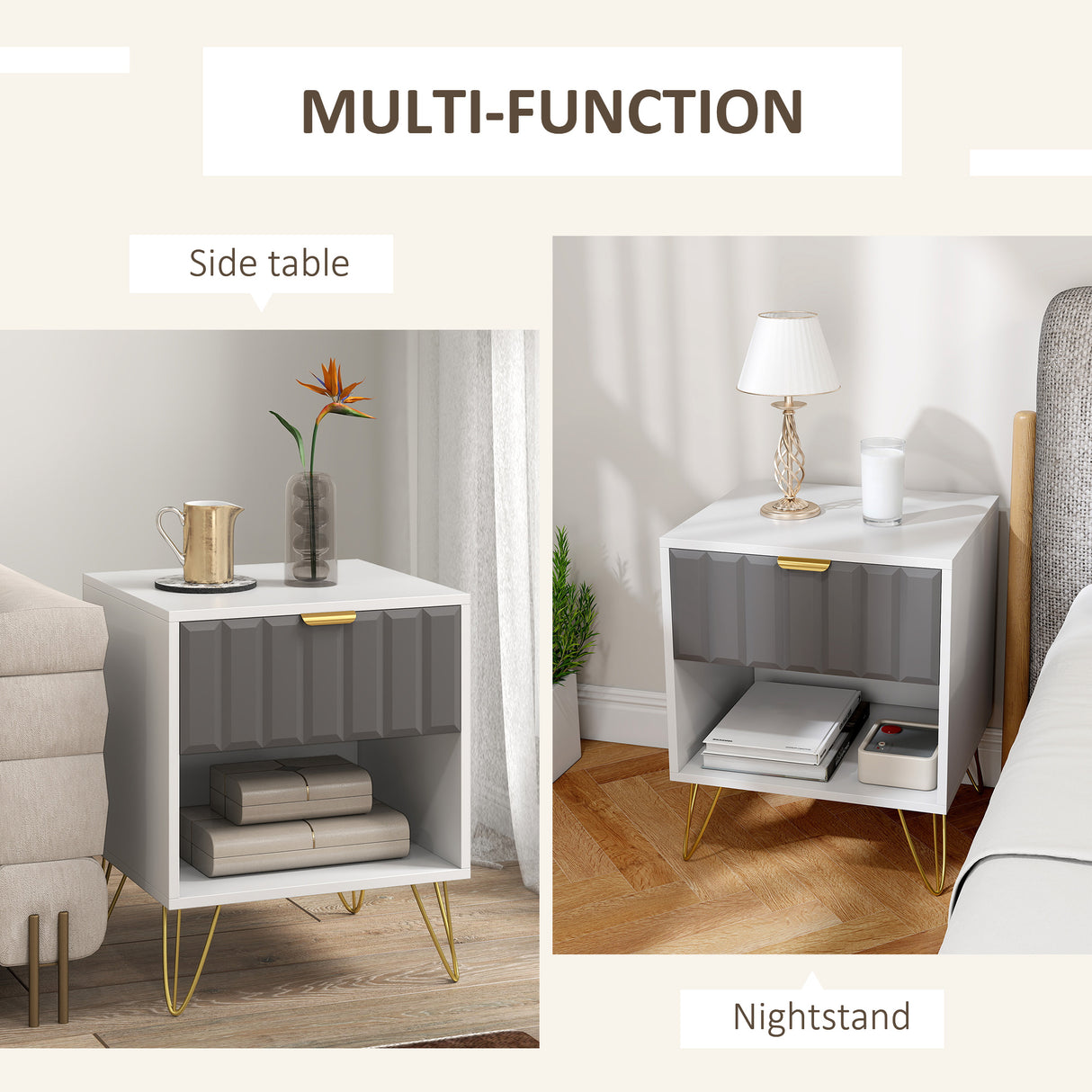 Wooden Bedside Cabinet 45cm Wide With 1 Drawer And Steel Legs - Velmora