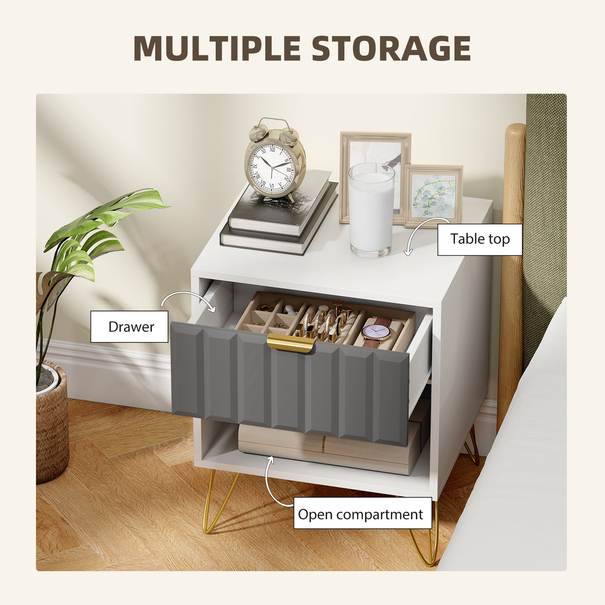 Wooden Bedside Cabinet 45cm Wide With 1 Drawer And Steel Legs - Velmora