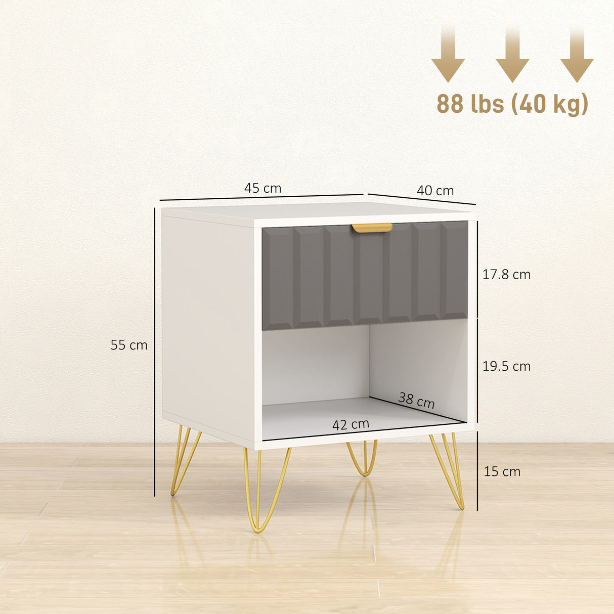 Wooden Bedside Cabinet 45cm Wide With 1 Drawer And Steel Legs - Velmora