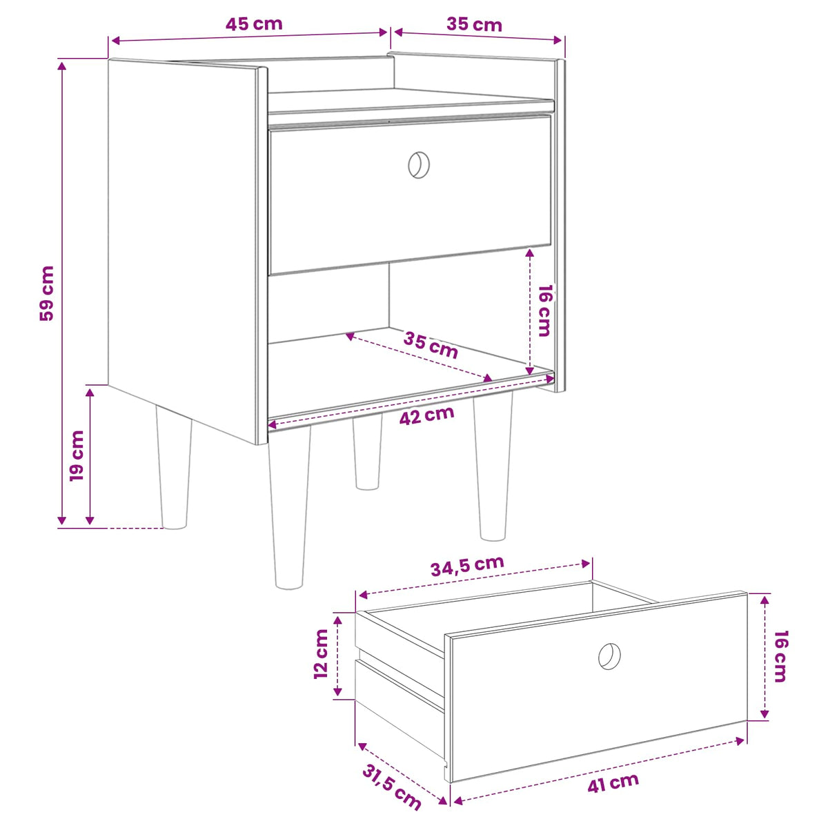 Wooden Bedside Cabinet 45cm Wide With 1 Drawer - Bilbao
