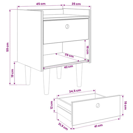 Wooden Bedside Cabinet 45cm Wide With 1 Drawer - Bilbao