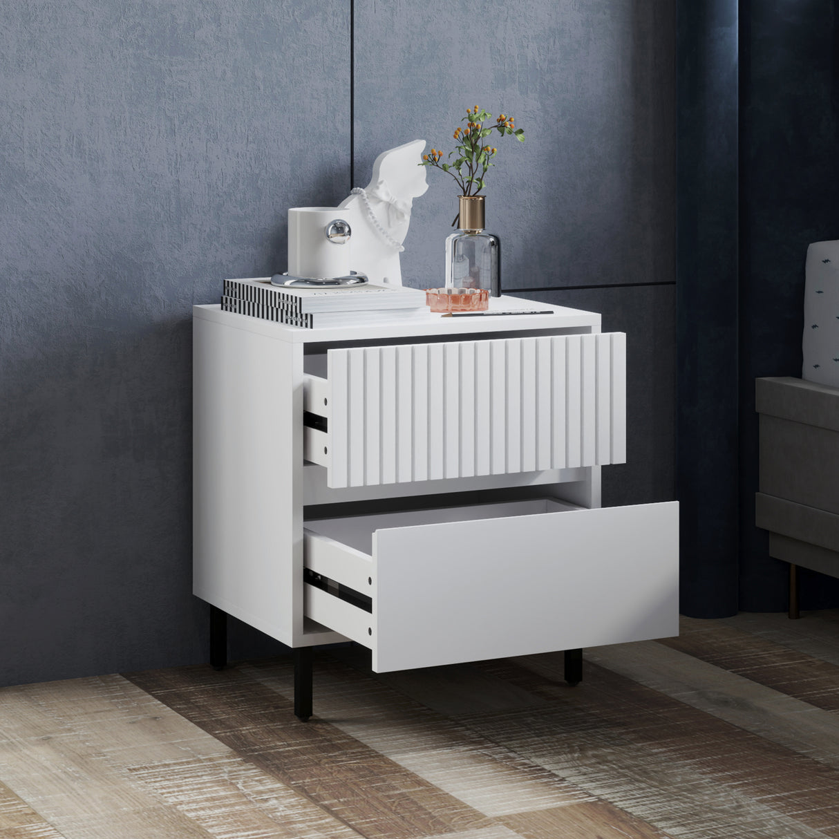 Wooden Bedside Cabinet 45cm Wide With 2 Drawers And Black Legs - Velmora