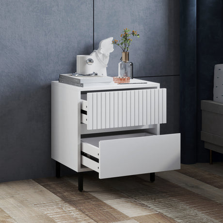 Wooden Bedside Cabinet 45cm Wide With 2 Drawers And Black Legs - Velmora