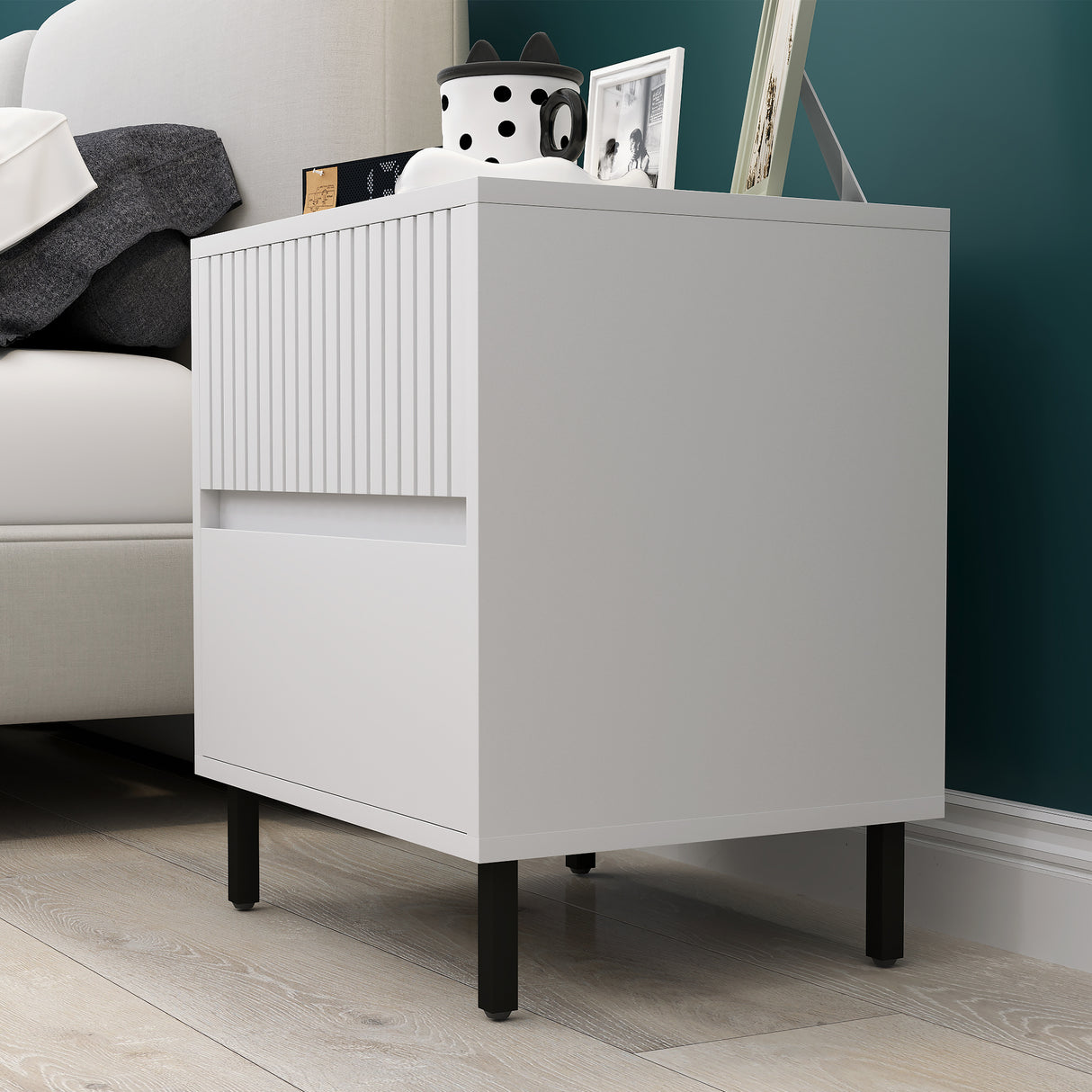 Wooden Bedside Cabinet 45cm Wide With 2 Drawers And Black Legs - Velmora