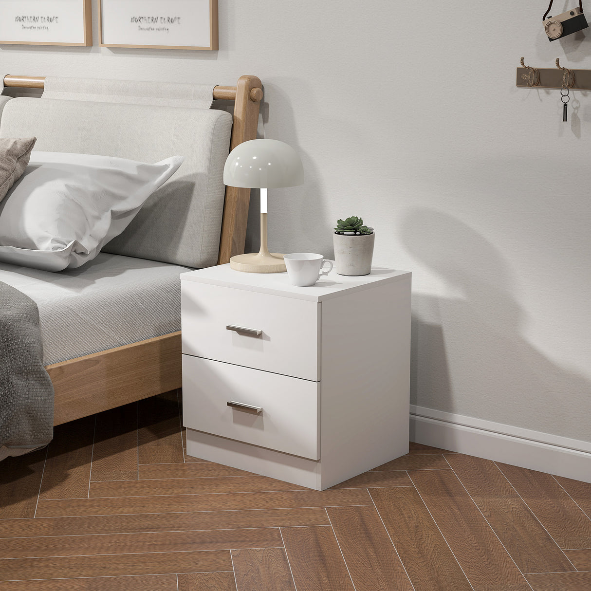 Wooden Bedside Cabinet 45cm Wide With 2 Drawers And Metal Handles - Velmora