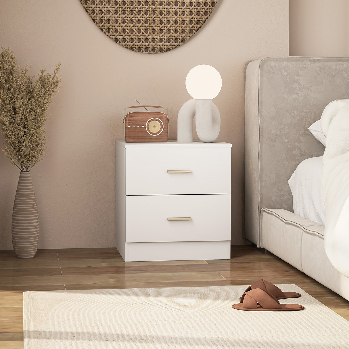 Wooden Bedside Cabinet 45cm Wide With 2 Drawers And Metal Handles - Velmora