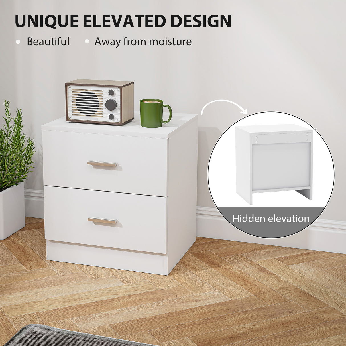 Wooden Bedside Cabinet 45cm Wide With 2 Drawers And Metal Handles - Velmora