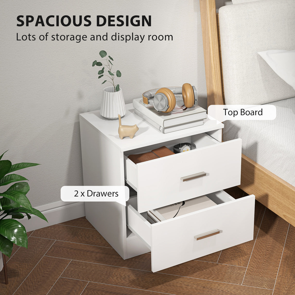 Wooden Bedside Cabinet 45cm Wide With 2 Drawers And Metal Handles - Velmora