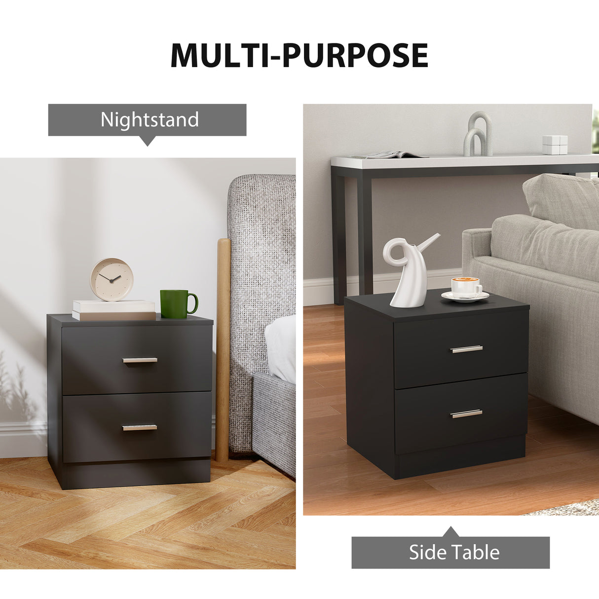 Wooden Bedside Cabinet 45cm Wide With 2 Drawers And Metal Handles - Velmora