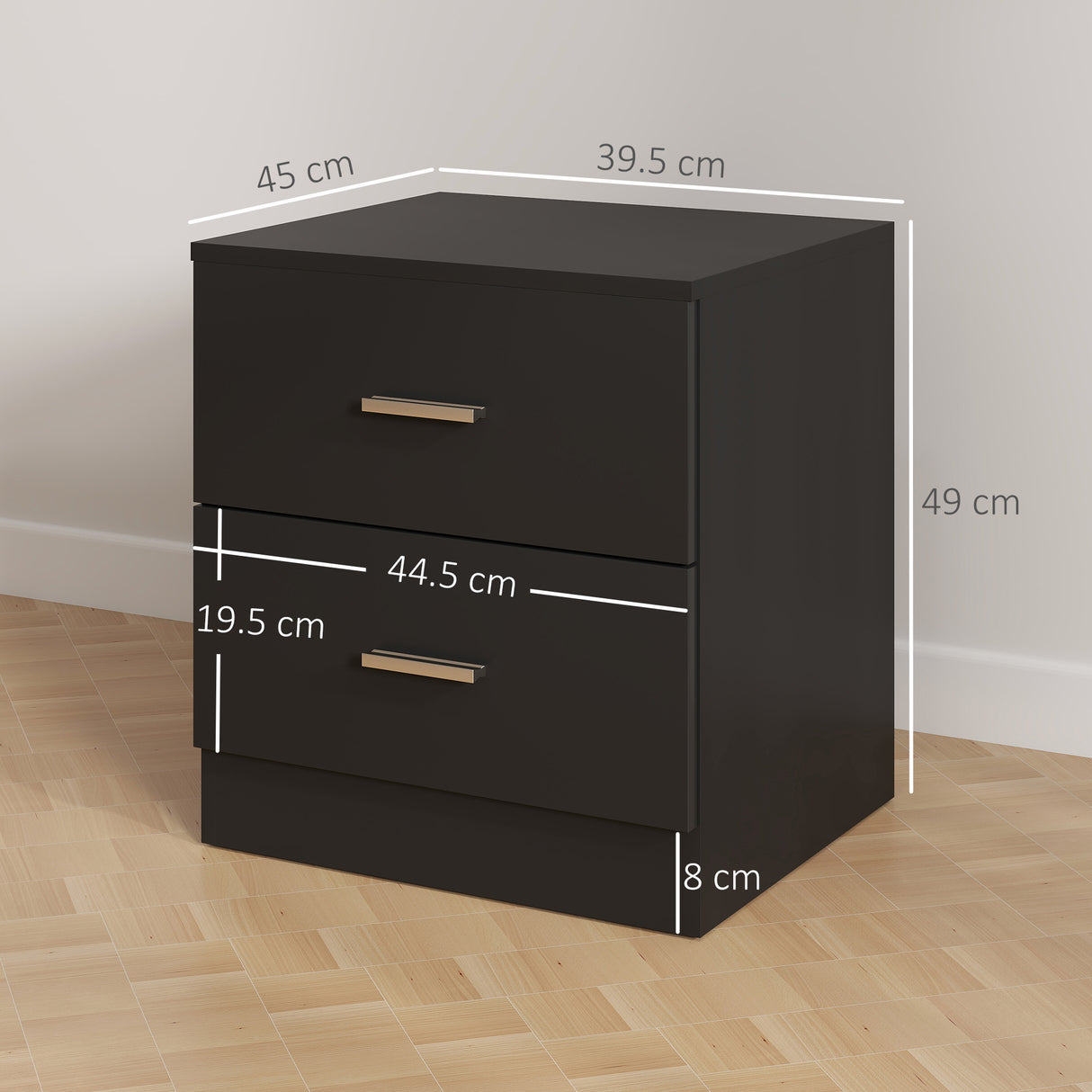 Wooden Bedside Cabinet 45cm Wide With 2 Drawers And Metal Handles - Velmora