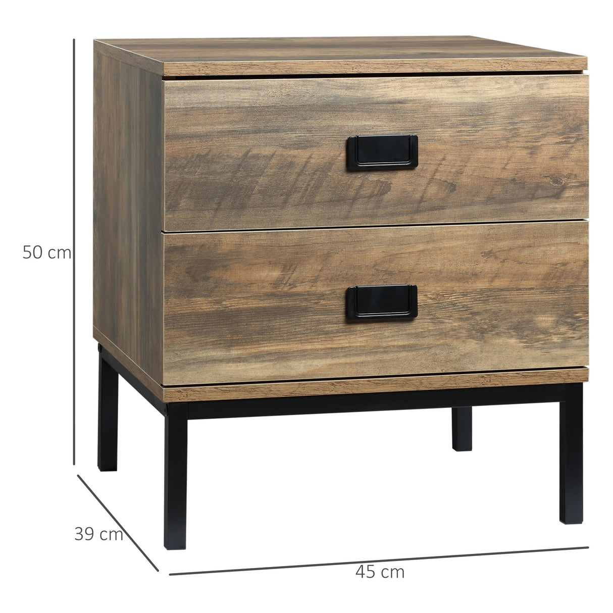 Wooden Bedside Cabinet 45cm Wide With 2 Drawers And Metal Legs - Velmora