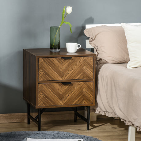 Wooden Bedside Cabinet 48cm Wide With 2 Drawers And Black Steel Frame in Set Of 2 - Velmora
