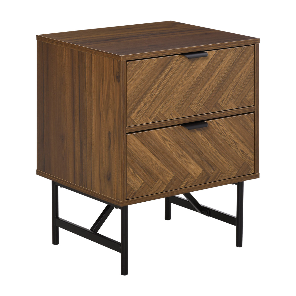 Wooden Bedside Cabinet 48cm Wide With 2 Drawers And Black Steel Frame - Velmora