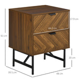 Wooden Bedside Cabinet 48cm Wide With 2 Drawers And Black Steel Frame - Velmora