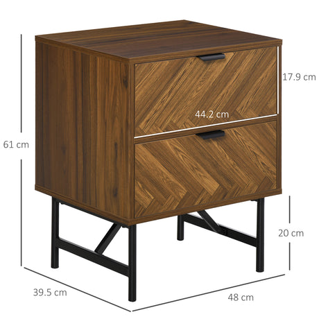Wooden Bedside Cabinet 48cm Wide With 2 Drawers And Black Steel Frame - Velmora
