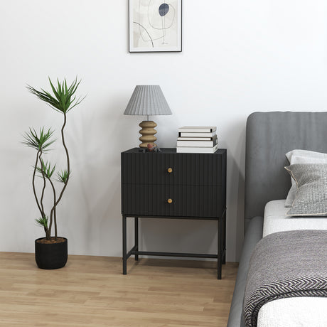 Wooden Bedside Cabinet 48cm Wide With 2 Drawers And Gold Metal Frame - Velmora
