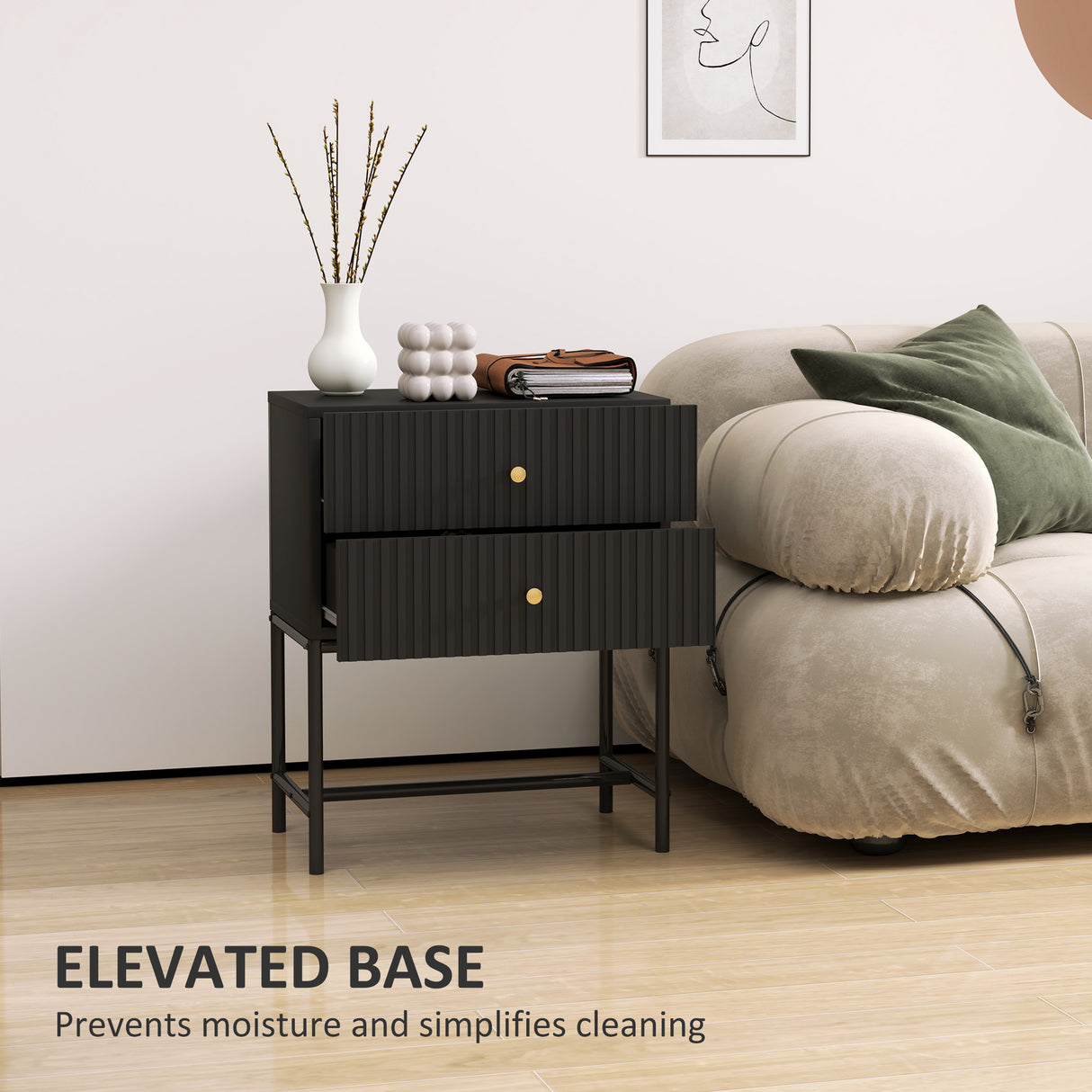 Wooden Bedside Cabinet 48cm Wide With 2 Drawers And Gold Metal Frame - Velmora
