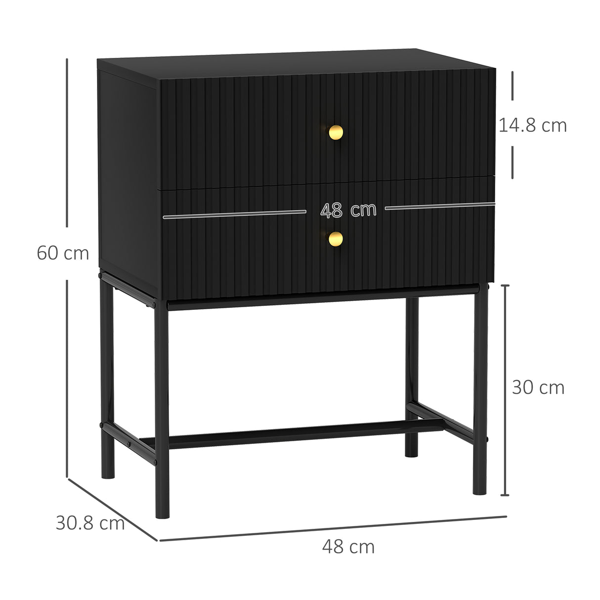 Wooden Bedside Cabinet 48cm Wide With 2 Drawers And Gold Metal Frame - Velmora