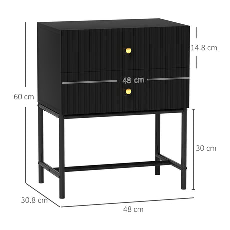 Wooden Bedside Cabinet 48cm Wide With 2 Drawers And Gold Metal Frame - Velmora