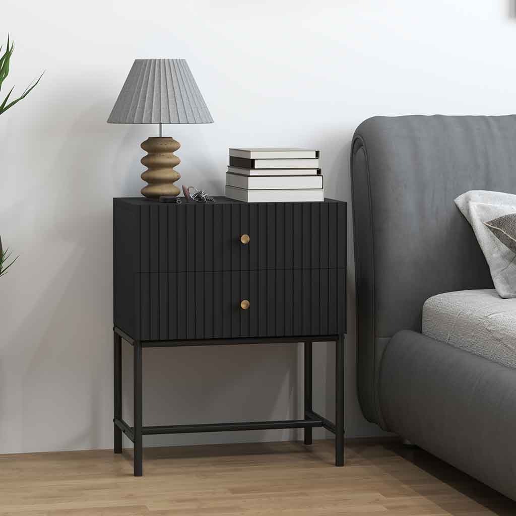 Wooden Bedside Cabinet 48cm Wide With 2 Drawers And Gold Metal Frame - Velmora