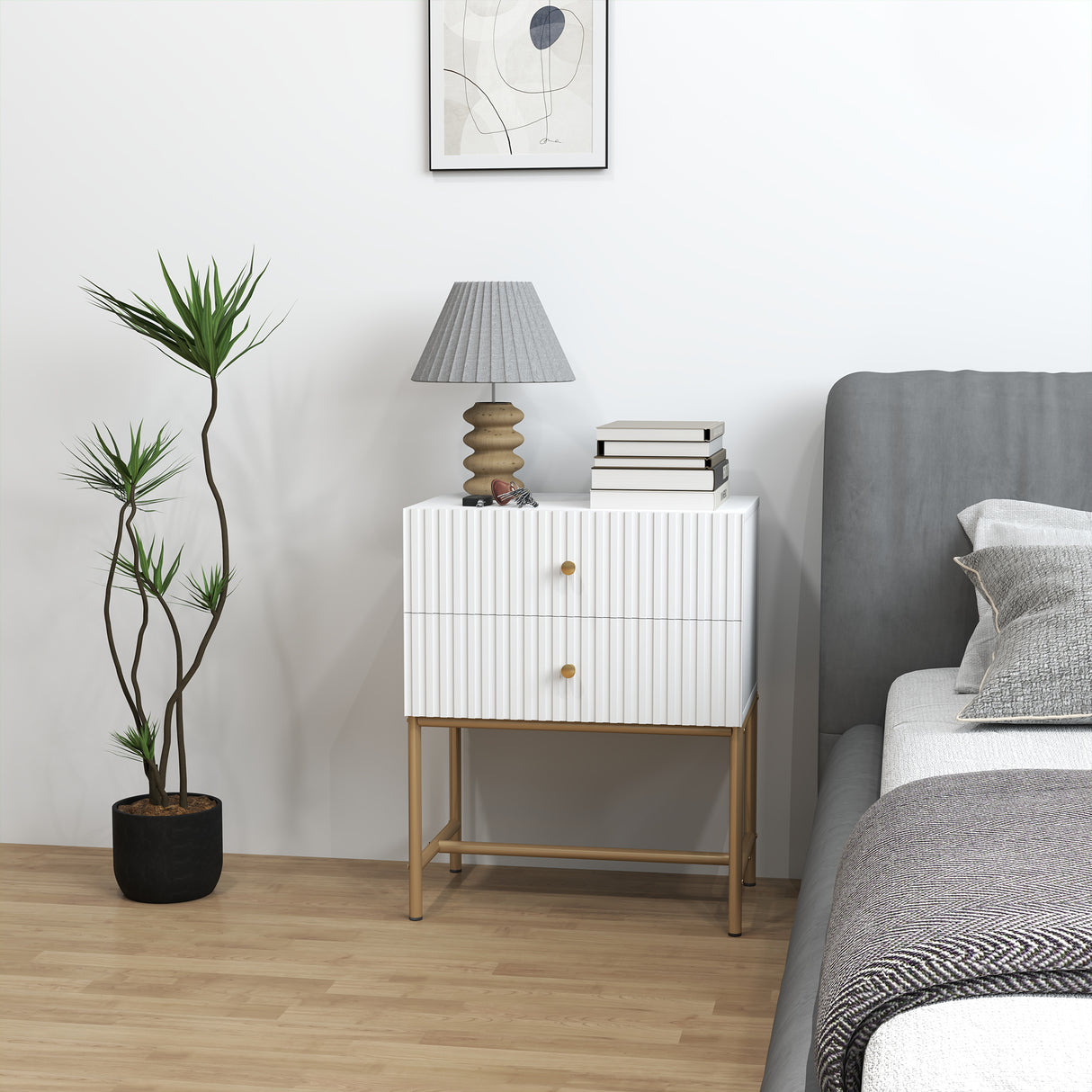 Wooden Bedside Cabinet 48cm Wide With 2 Drawers And Gold Metal Frame - Velmora