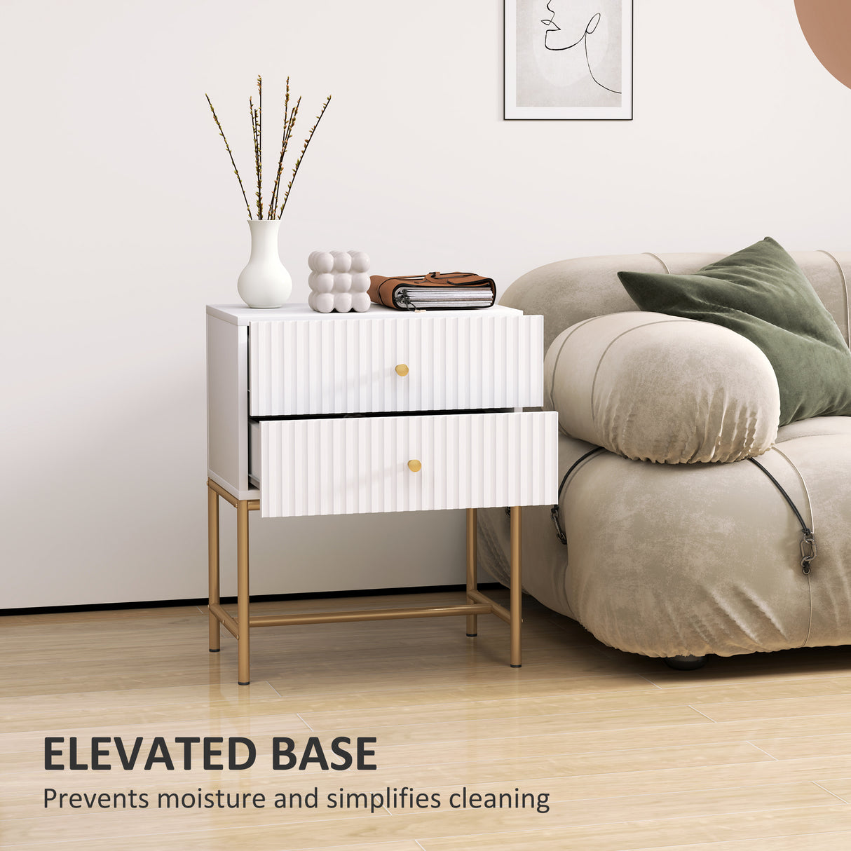 Wooden Bedside Cabinet 48cm Wide With 2 Drawers And Gold Metal Frame - Velmora