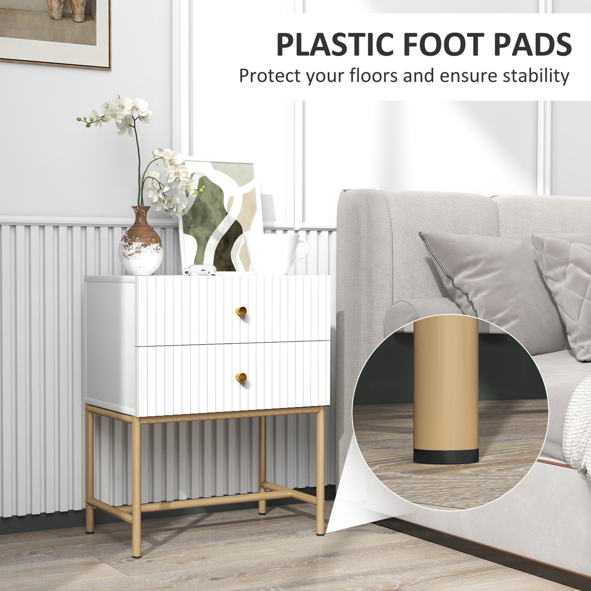 Wooden Bedside Cabinet 48cm Wide With 2 Drawers And Gold Metal Frame - Velmora