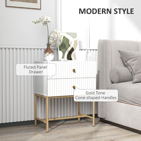 Wooden Bedside Cabinet 48cm Wide With 2 Drawers And Gold Metal Frame - Velmora