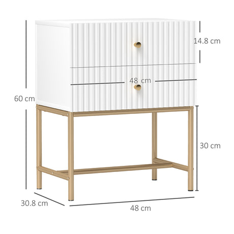 Wooden Bedside Cabinet 48cm Wide With 2 Drawers And Gold Metal Frame - Velmora