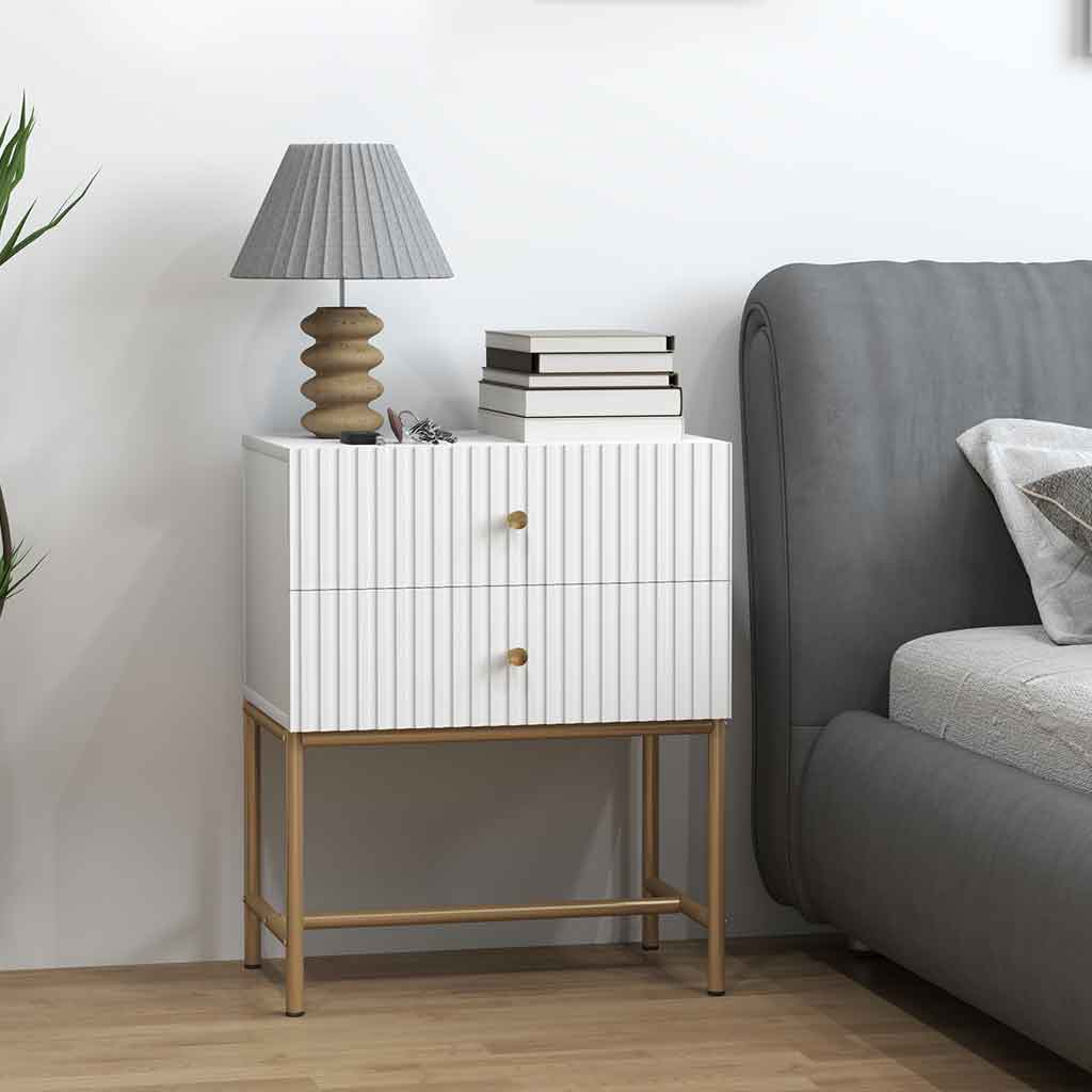 Wooden Bedside Cabinet 48cm Wide With 2 Drawers And Gold Metal Frame - Velmora