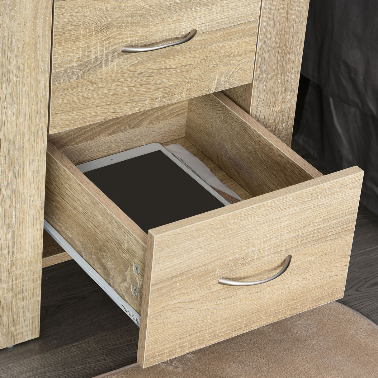 Wooden Bedside Cabinet 48cm Wide With 2 Drawers And Silver Handle - Velmora