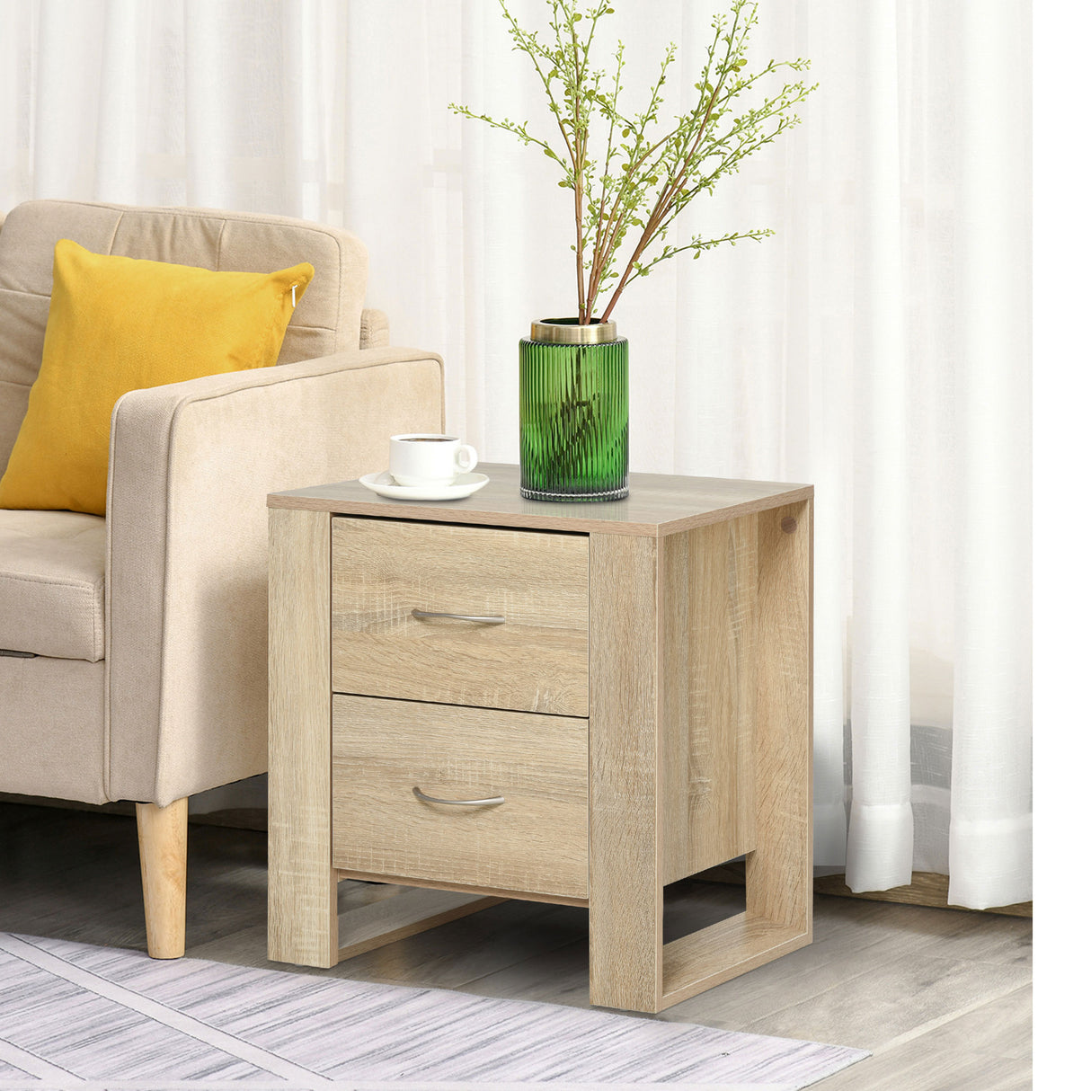 Wooden Bedside Cabinet 48cm Wide With 2 Drawers And Silver Handle - Velmora