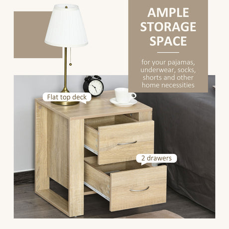 Wooden Bedside Cabinet 48cm Wide With 2 Drawers And Silver Handle - Velmora