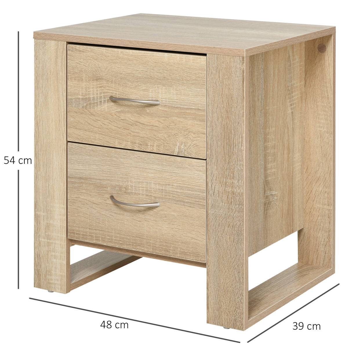 Wooden Bedside Cabinet 48cm Wide With 2 Drawers And Silver Handle - Velmora
