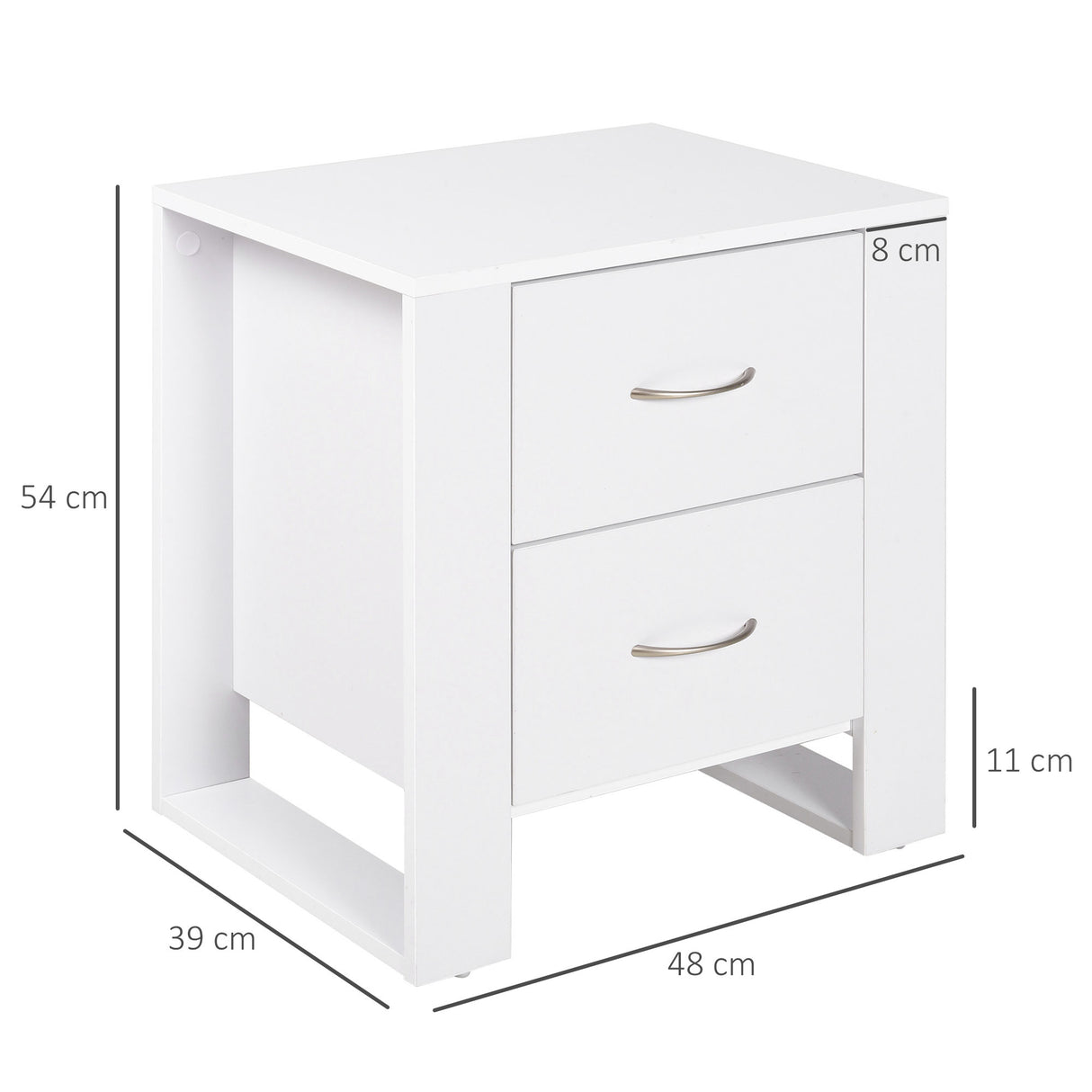 Wooden Bedside Cabinet 48cm Wide With 2 Drawers And Silver Handle - Velmora