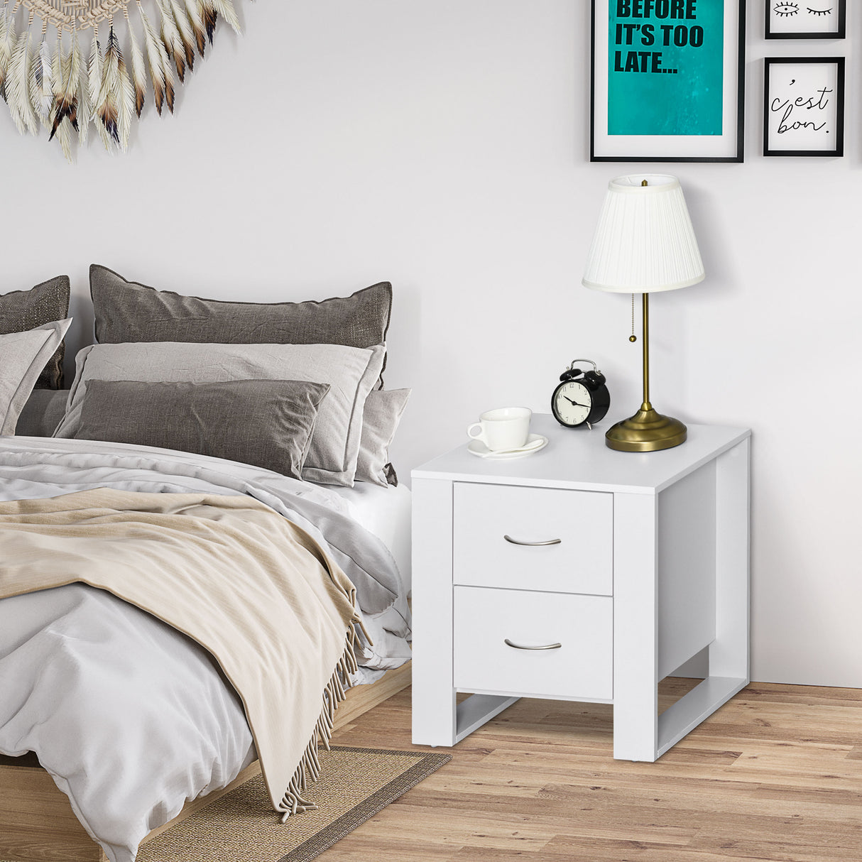 Wooden Bedside Cabinet 48cm Wide With 2 Drawers And Silver Handle - Velmora
